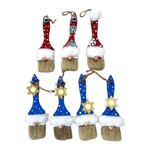 Set of 7 Handmade Paintbrush Gnome Ornaments – Christmas & Hanukkah Mixed Holida